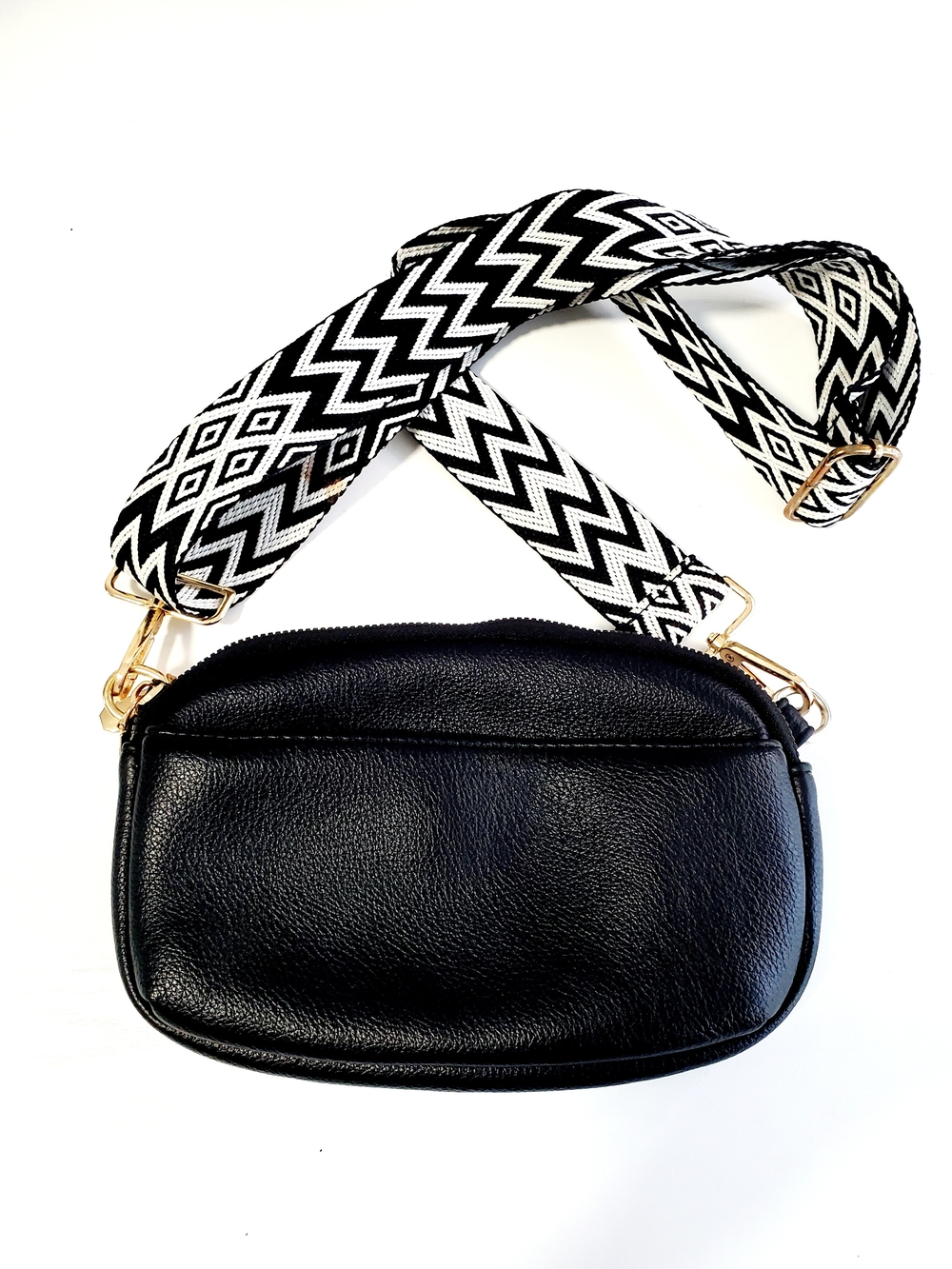 Black Leather Crossbody Bag with Patterned Strap